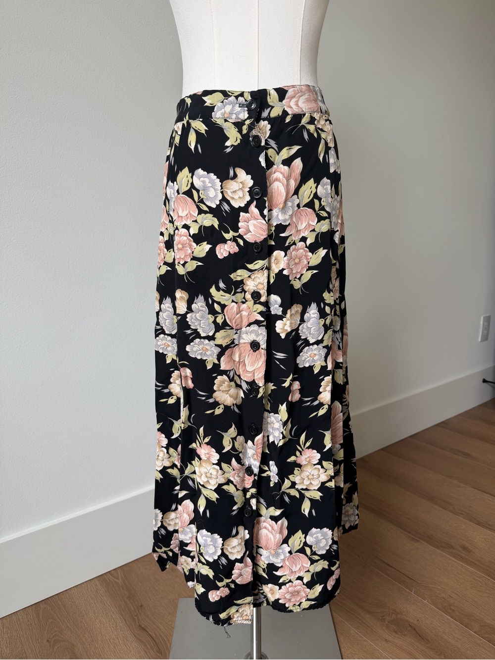 Vintage Black Maxi Skirt with Pink & Cream Floral Print